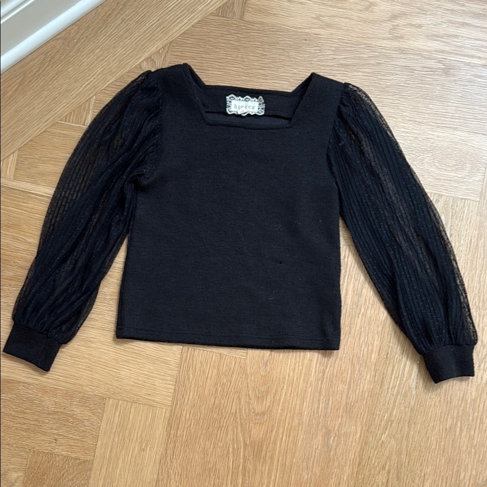Black Long Sleeve Knit Top with Sheer Sleeves, 10 yr